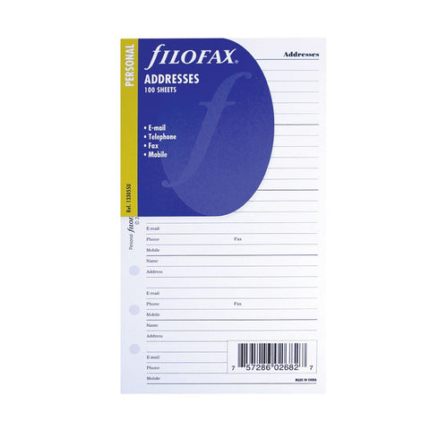Filofax - Papers Name, Address, Phone, E-mail, Fax, Mobile-White 100 Pack - Personal Size