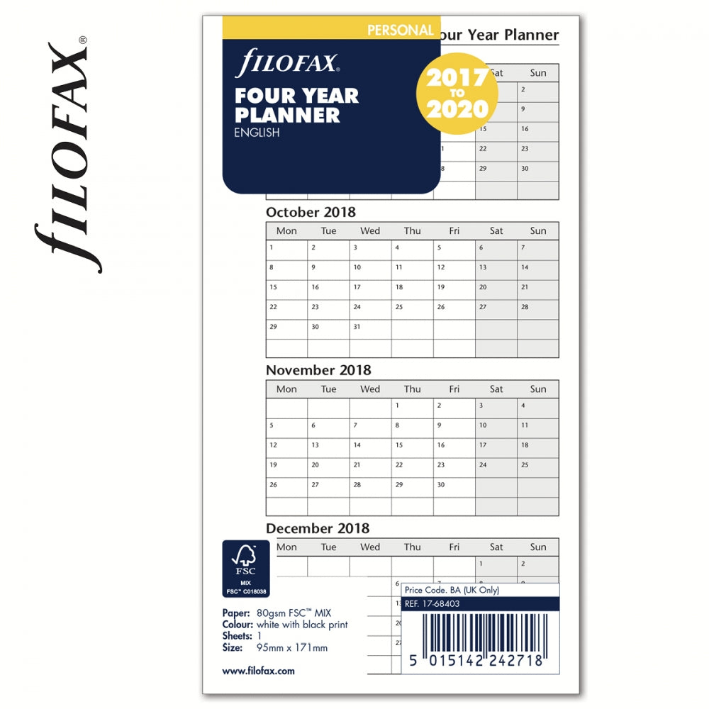 Filofax Refill, Personal / Compact, 4-year Vertical Planner, English, 2018