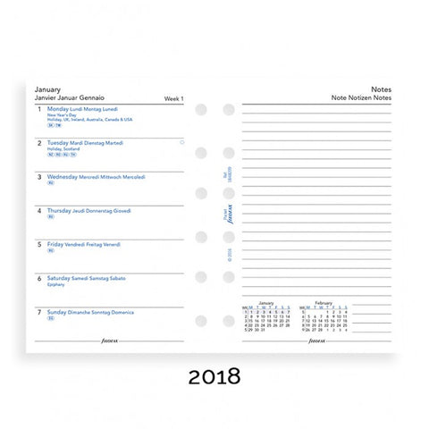 Filofax - Paper Refills - Pocket - Week Per Page - 4 Languages & Notes 2018