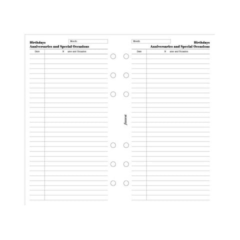 Filofax - Papers Birthdays, Anniversaries, Special Occasions - Personal Size