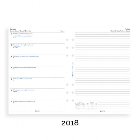 Filofax Week on Page with Notes 5 Languages 2018 A5 Size Calendar Refill
