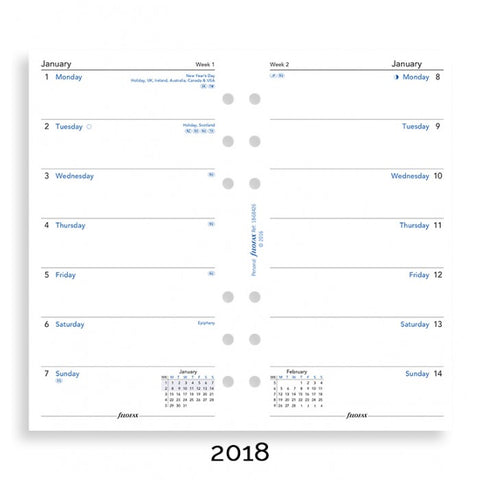 Filofax - Paper Refills - Personal - Week Per Page - English 2018