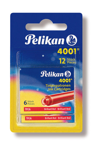 Pelikan 4001 Ink Cartridges Refills - Brilliant Red - 12 Cartridges -