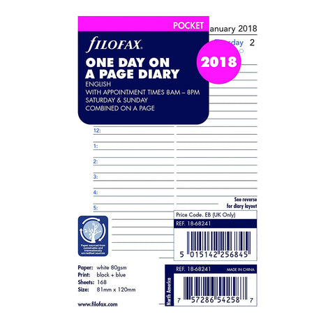 Filofax Day on a Page English 2018 Pocket Size Calendar Refill