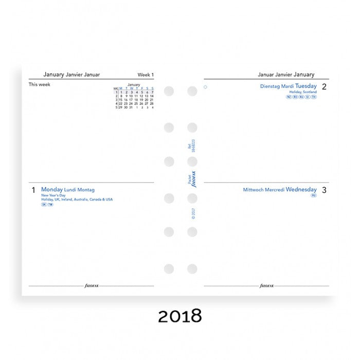 Filofax - Paper Refills - Pocket - Two Days Per Page 2018 - English, French, German