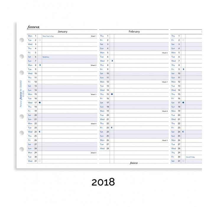 Filofax Full Year Vertical Planner English 2018 Personal / Compact Size Calendar Refill