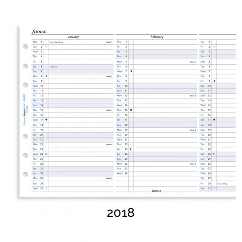 Filofax Full Year Vertical Planner English 2018 Personal / Compact Size Calendar Refill