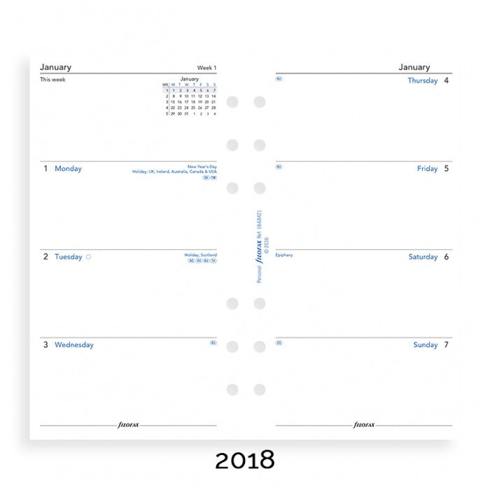 Filofax Week to View English 2018 Personal/Compact Size Calendar Refill