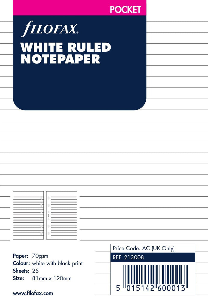 Filofax - Papers Ruled Notepaper - White - Pocket Size
