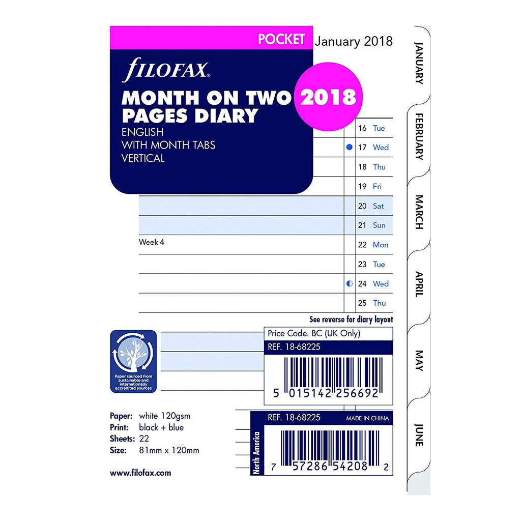 Filofax Month on Two Pages Tabbed English 2018 Pocket Size Calendar Refill