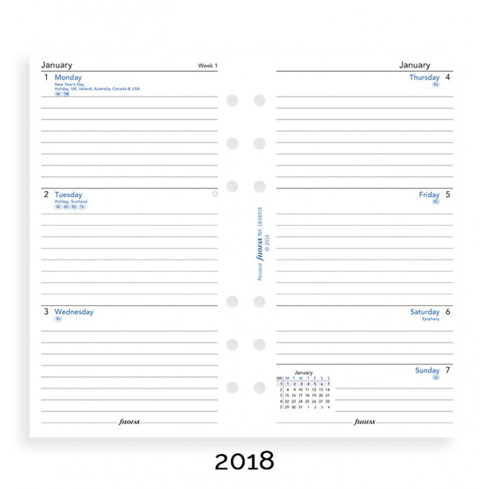Filofax - Paper Refills - Personal - Week on Two Pages - Lined - English 2018