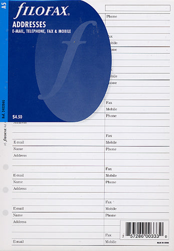 Filofax - Papers Name - Address - E-mail - Phone - Fax - Mobile  A5