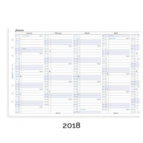 Filofax Full Year Vertical Planner English 2018 A5 Size Calendar Refill